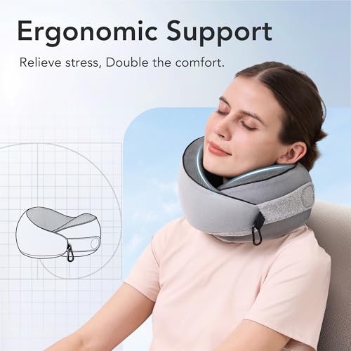KPNEOL Travel Pillow, 100% Pure Memory Foam Travel Neck Pillow Airplane Neck Support Ergonomic Design for Traveling Suitable for Airplanes,Offices-Grey-Large Size