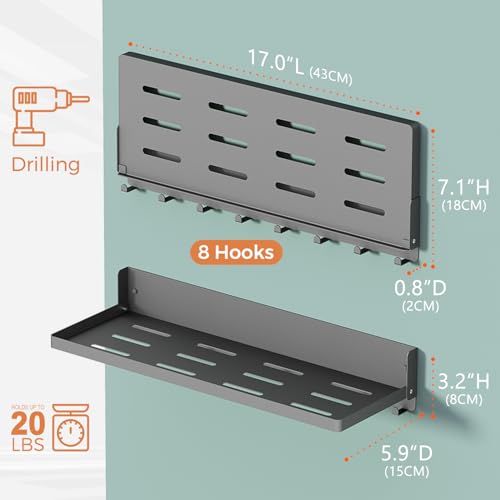 Folding Metal Shelf with Hooks, Wall Mounted Laundry Room Shelf, 8 Hooks & 90° Fold Up, Fold-Down for Rv, Bathroom, Kitchen, Garage, Space Saving, Small Space, Black（17.0", 1 Pack） - color: 17.0" , 1-pack
