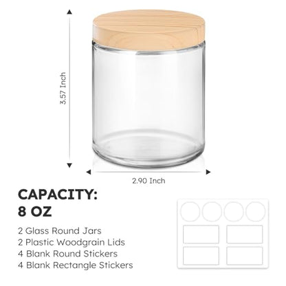 8 OZ Glass Jars with Lids, 2 Pcs Candle Jars with Plastic Woodgrain Lids & Inner Liners, Reusable Travel Containers for Creams, Makeup, Lotion, Cosmetic - color: Clear-2 Pack-8oz