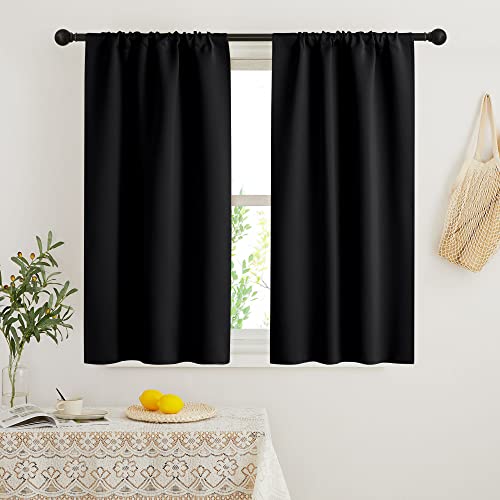 RYB HOME Blackout French Door Window Curtain Covering, Rod Pocket Thermal Insulated Privacy Non See Through Drapes for Bathroom Window, Width 29 by Length 45, Black, 2 Panels - color: Black, size: 29"W x 45"L (Pack of 2)