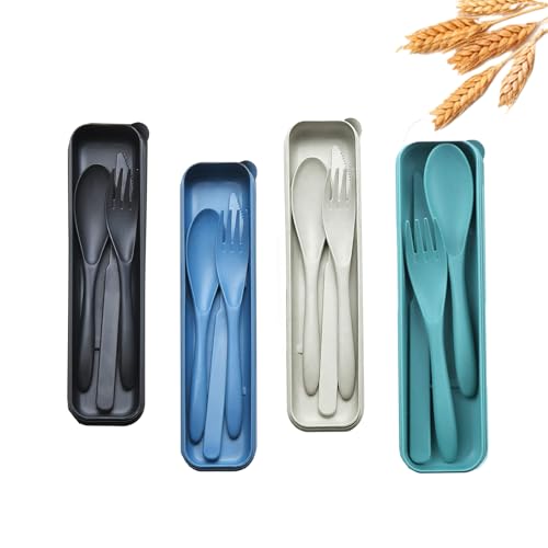 Wheat Straw Utensil Set 4 Pack, BPA-Free Reusable Travel Cutlery with Case, Portable Fork Spoon Knife for Camping Hiking Picnic, Eco-Friendly Flatware Dishwasher Safe(Multi-Color) - color: 4PCS Multi-color
