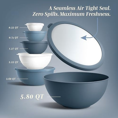 COOK WITH COLOR Mixing Bowls with Lids - 12 Piece Plastic Nesting Bowls Set includes 6 Prep Bowls, Microwave Safe Mixing Bowl Set, Blue and White TPR Lids - color: Blue and White TPR Lids