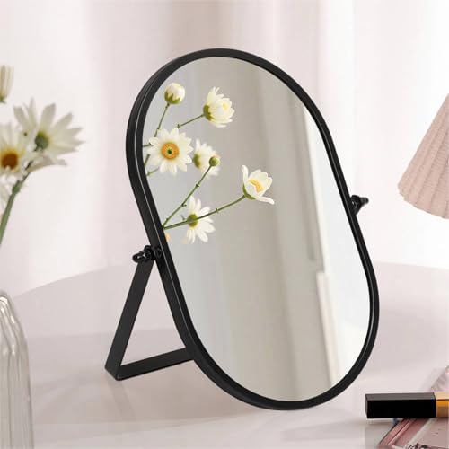 Metal Stand Adjustable Makeup Vanity Mirror Portable Black Small Desktop Mirror with 180° Rotation Desk Mirrors for Dressing Room,Bedroom, Bathroom,Tabletop - color: Black, size: 8.8"L x 5.9"W