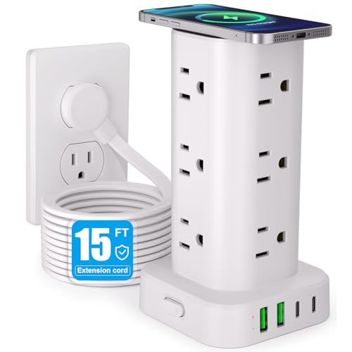 Power Strip Tower with Wireless Charger, Flat Plug Surge Protector Tower with 15FT Extension Cord, 12 AC Multiple Outlets, 4 USB (2 USB C),15W Wireless Charging Power Tower for Home Office Dorm,White - color: White, size: 15FT with Wireless Charging