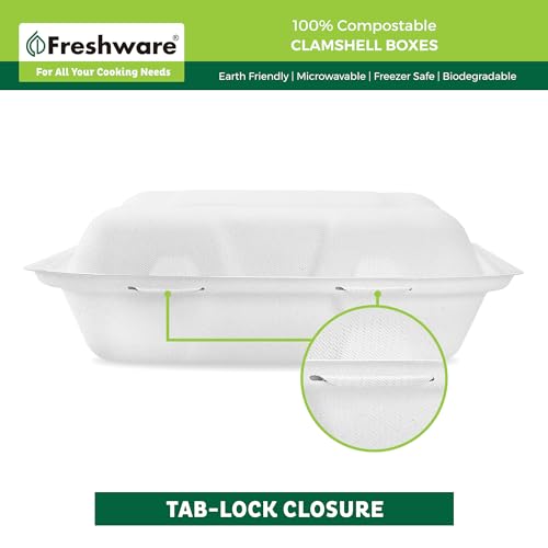 Freshware Compostable Clamshell Food Containers [8x8"] 3-Compartment 50-Pack, Disposable Containers, Biodegradable Sugarcane To Go Boxes - Paper Food Containers - Microwave & Freezer Safe, Stackable - size: 8 x 8 Inch [50-Pack]