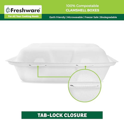 Freshware Compostable Clamshell Food Containers [8x8"] 3-Compartment 50-Pack, Disposable Containers, Biodegradable Sugarcane To Go Boxes - Paper Food Containers - Microwave & Freezer Safe, Stackable - size: 8 x 8 Inch [50-Pack]