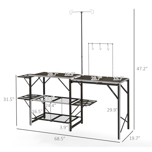 Outsunny Folding Camp Kitchen Table, Portable Camping Cooking Station with Adjustable Lantern Holder, Hanging Hooks and Carrying Bag for Outdoor Picnic Beach BBQ Traveling