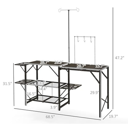 Outsunny Folding Camp Kitchen Table, Portable Camping Cooking Station with Adjustable Lantern Holder, Hanging Hooks and Carrying Bag for Outdoor Picnic Beach BBQ Traveling