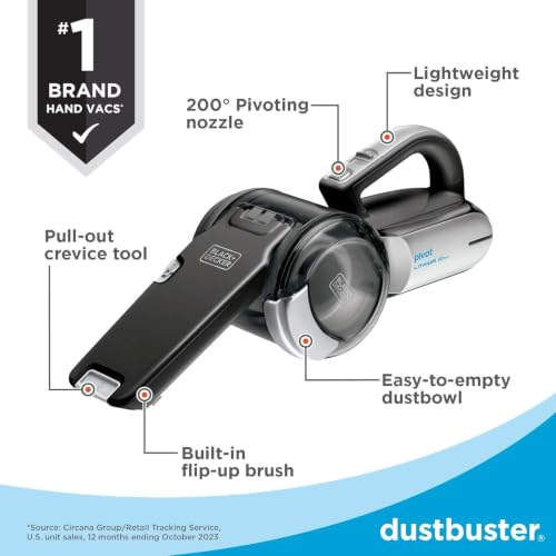 BLACK+DECKER dust buster PIVOT VAC Handheld Vacuum Cordless, Car Vacuum Portable Rechargeable, Extendible Crevice Tool and 200 Degree Pivoting Nozzle, Strong Suction, Lightweight (BDH2000PL)