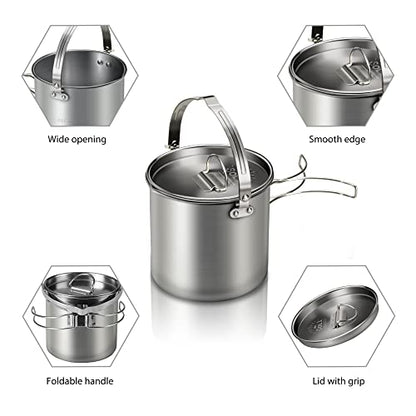 Lixada 5PCS Camping Cookware Set Stainless Steel 1.2L Camping Pot with 2 Cups & 2 Bowls, Lightweight Portable Backpacking Pot with Foldable Handles & Lid for Outdoor Cooking Hiking Picnic