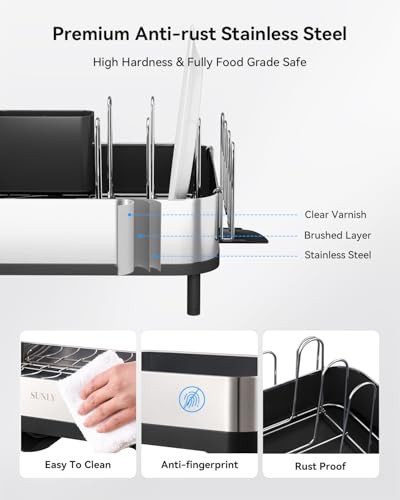 SUNLY Expandable Dish Drying Rack, Versatile Brackets for Pots & Pans, Space Saving Kitchen Drying Rack, Dish Racks for Kitchen Counter, Stainless Steel Dish Drainers with Extendable Spout, Black - color: Black + Silver