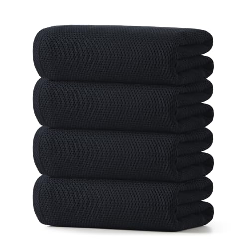 REDKISS 100% Cotton Waffle Weave Bath Towels 4 Piece - 27.5x55 Inches| Lightweight, Quick Dry & Highly Absorbent,Perfect for Spa, Gym, Travel, Guest Bathroom-Black - color: Black