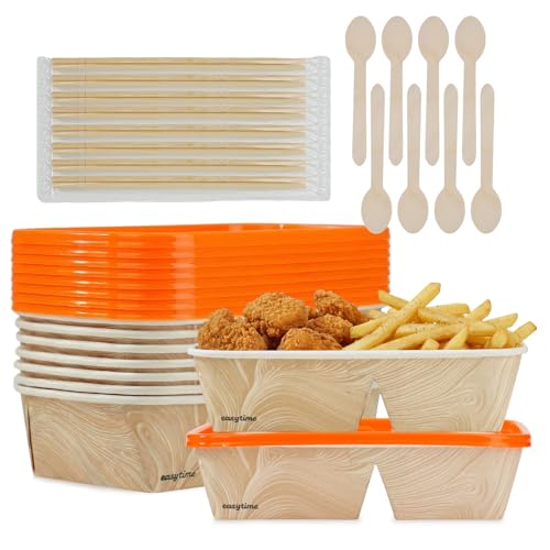 8 Pack 32oz Paper Lunch Box Bento Boxes, 2-Compartment Food Storage Containers with Lids, Leakproof Soak-Proof and Microwave Safe, Disposable To Go Boxes for Picnics, Offices, Catering, Orange Lid - color: Orange