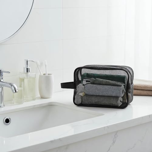 Mesh Shower Caddy Bag for Bathroom Gym Black Portable Toiletry Organizer Gym Shower Mesh Bag Quick Dry Tote Bags with Zipper for Hanging Women Men Dorm Camping Swimming Beach