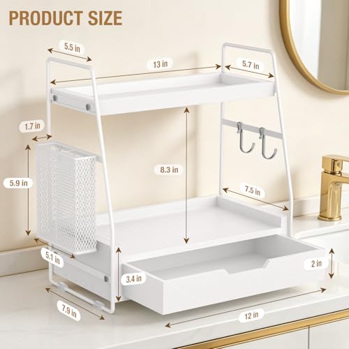 2-Tier Bathroom Counter Organizer with Drawer and Removable Basket, Wood Vanity Countertop Storage for Perfume, Makeup, Skincare, Bathroom Counter Shelf, 13" x 7.9" x 14.5", White - color: White