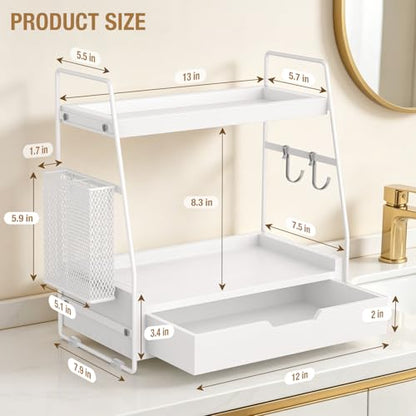 2-Tier Bathroom Counter Organizer with Drawer and Removable Basket, Wood Vanity Countertop Storage for Perfume, Makeup, Skincare, Bathroom Counter Shelf, 13" x 7.9" x 14.5", White - color: White