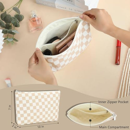 Fammart Checkered Makeup Bag, Travel Cosmetic Bag Organizer Toiletry Bag Make Up Bags with Zipper & Compartments for Women Girls - color: Checkered - Khaki