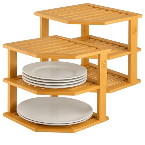 2-Pack Plate Organizer for Cabinet - 3 Tier Bamboo Corner Cabinet Organizer Shelf for Plates Bowls Mugs Cups, Kitchen Cabinet Organizer, Cabinet Shelf Organizer, Countertop Rack, 10 x 10 x 9.5 Inch - color: 2-pack [Natural]