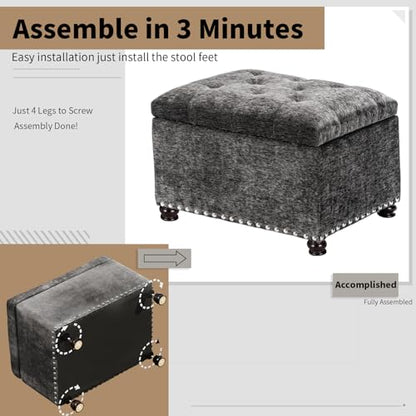 Joveco Storage Ottoman Bench, Rectangle 24" Velvet Foot Rest Stool Square Footstool for Living Room, Bedroom, Charcoal Grey - color: Charcoal Grey