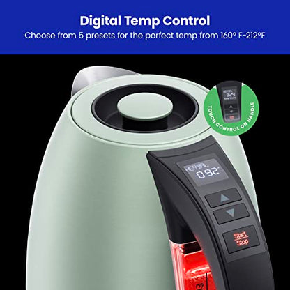 Chefman Electric Tea Kettle, 1.8 Liter Hot Water Electric Kettle Temperature Control Water Boiler with 5 Presets, Tri-Colored LED Lights, Keep Warm, Automatic Shutoff, Green - color: Green, style: Stainless Steel