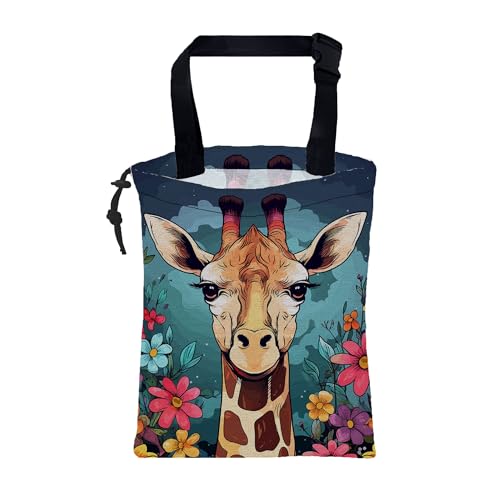 Car Garbage Bag Giraffe and Colorful Flowers Drawstring Car Trash Bag Hanging for Back Seat with Adjustable Buckle Canvas Vehicle Trash Can Easy-to-Install - color: Giraffe and Colorful Flowers