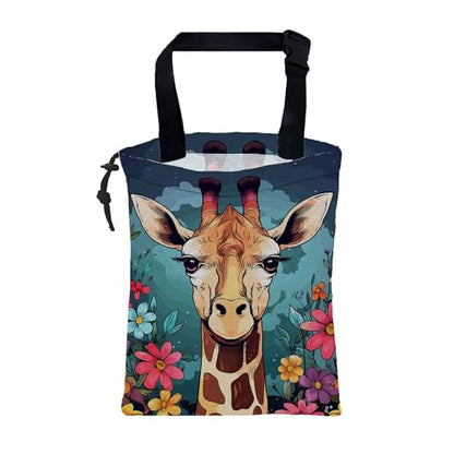 Car Garbage Bag Giraffe and Colorful Flowers Drawstring Car Trash Bag Hanging for Back Seat with Adjustable Buckle Canvas Vehicle Trash Can Easy-to-Install - color: Giraffe and Colorful Flowers