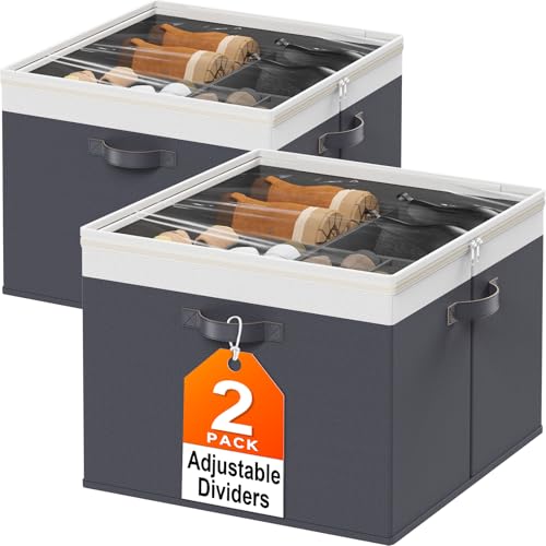 StoreHappily Shoe Organizer for Closet - 2 Packs Hold up to 32 Pairs, Large Shoe Storage Organizer Containers with Adjustable Dividers, Clear Cover, Leather Handles for Heels, Boots, Sneakers (Gray) - color: Gray