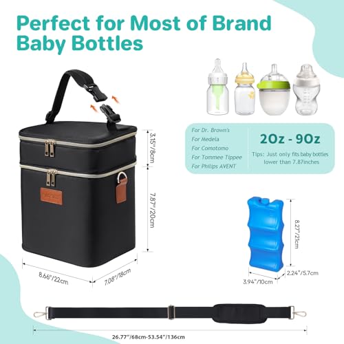 PIIOSER Breastmilk Cooler Bag with Ice Pack Fits 6 Baby Bottles Up to 9 Ounce, Insulated Baby Bottle Tote Bags, Double Layer Waterproof Leak-Proof with Shoulder Strap for Nursing &Working Mom - color: Black