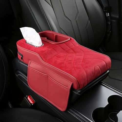 FREESOO Suede Car Center Console Cover, Fuzzy Armrest Cover for Car, Universal Middle Console Cushion with Storage Box, Cup Holder, Tissue Box, Phone Slot, Luxury Interior Accessories, Red - color: Suede-Red