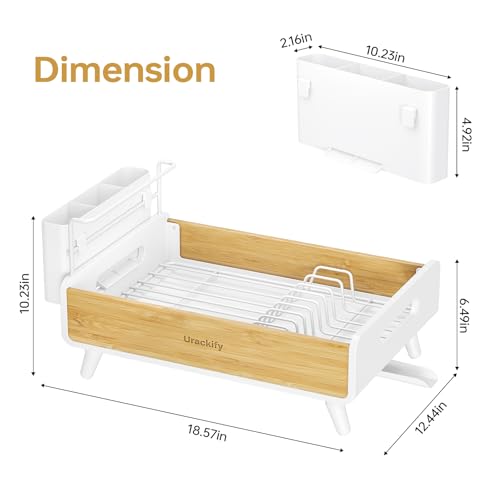 Urackify Dish Drying Rack for Kitchen Counter - Stainless Steel & Bamboo Dish Rack with Large Removable Utensil Holder, Dish Drainer with Adjustable Automatic Spout, White - color: White, size: 1 Tier