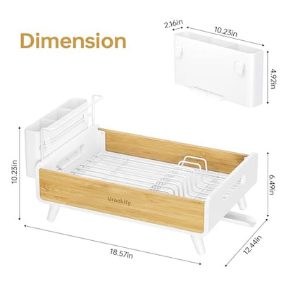 Urackify Dish Drying Rack for Kitchen Counter - Stainless Steel & Bamboo Dish Rack with Large Removable Utensil Holder, Dish Drainer with Adjustable Automatic Spout, White - color: White, size: 1 Tier