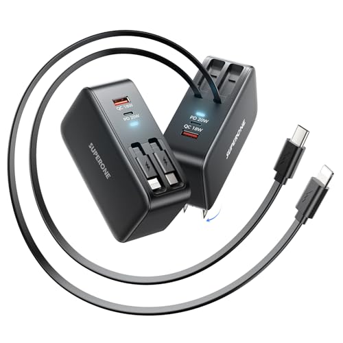 SUPERONE Retractable iPhone charger, 4-Port USB C Charger Block, iPhone Chargers Fast Charging with USB C & Apple Cable, Wall Chargers for iPhones 16/15/14/13/12/11 Series, Pad, Samsung, Pixel - Black - color: Black, size: 1 Type-C & Apple Cables