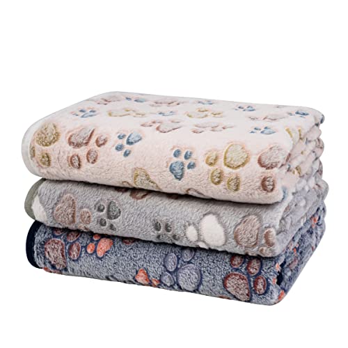 Dono 1 Pack 3 Dog Blankets, Soft Fluffy Fleece Pet Blanket Warm Sleep Mat Paw Print Design Puppy Kitten Throw Blankets Doggy Blanket for Dogs - color: Nude/Gray/Blue, size: Medium(30*20")