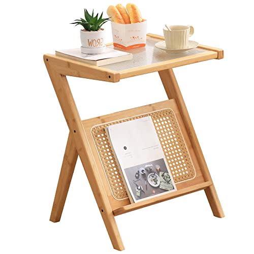 Tiita Rattan Side Table, Mid Century Nightstand, Bamboo Accent Bedside Tables, Glass Coffee Tables, Boho Wooden End Table with Storage for Small Space, Living Room and Bedroom - color: Rattan-s-wood