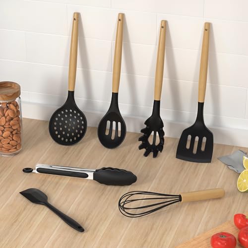 oannao Silicone Cooking Utensils Set Utensil Sets - 446°F Heat Resistant Silicone Kitchen Utensils Set Wooden Handles, Silicone Utensils for Cooking w Holder for Non-Stick Cookware BPA FREE (Black) - color: Black