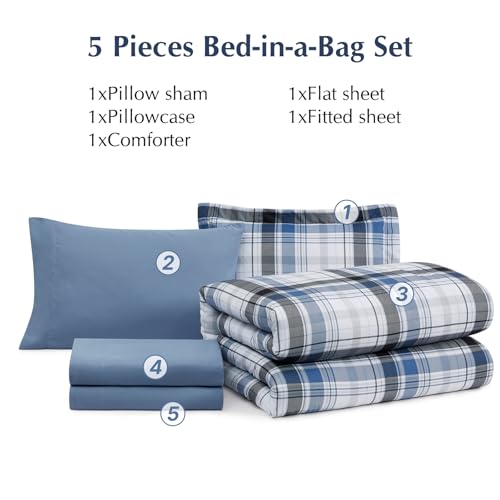 MaiRêve Twin XL Size Plaid Comforter Set Lake Blue, Classic 5 Pieces Farmhouse Bedding Set, All Season Lightweight Bed in A Bag with Sheets, Pillowcase & Sham - color: Lake Blue, size: Twin XL