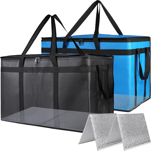 Bodaon 2PK Cooler Insulated Food Delivery Bag with Bottom for Delivery Drivers, XXX-Large Thermal Bags for Catering/Hot Pizza, Travel/Camping/Picnic Basket，Grocery Reusable Warmer Frozen, Black-Blue - color: Black +Blue, size: XXX-Large (With Hard Bottom)