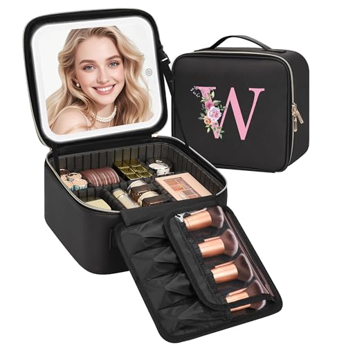 Relavel Initial Makeup Bag with LED Mirror for Women, Personalized Travel Cosmetic Organizer Train Case, Birthday Gifts for Teens Girls Grandkids Graduation Teacher Friends, Trendy Stuff, Black W - color: Black, style: W