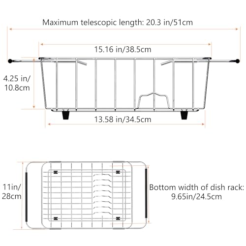 NiuYichee Stainless Steel Dish Drying Rack(15"L X 11"W X 4.1"H), Expandable Fruit & Vegetable Drain Rack over Sink, Dish Drainer Rack in Sink, with Stainless Steel Utensil Holder & Silicone Mat(16") - size: Large【15" X 11"】