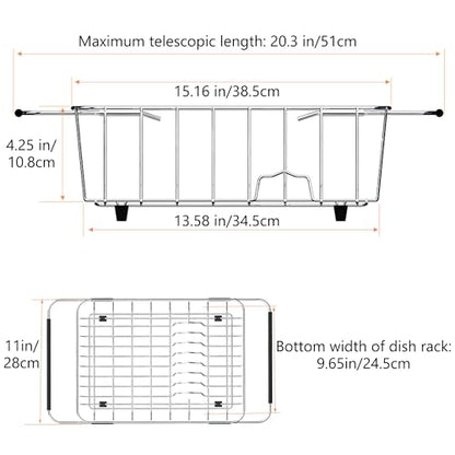 NiuYichee Stainless Steel Dish Drying Rack(15"L X 11"W X 4.1"H), Expandable Fruit & Vegetable Drain Rack over Sink, Dish Drainer Rack in Sink, with Stainless Steel Utensil Holder & Silicone Mat(16") - size: Large【15" X 11"】
