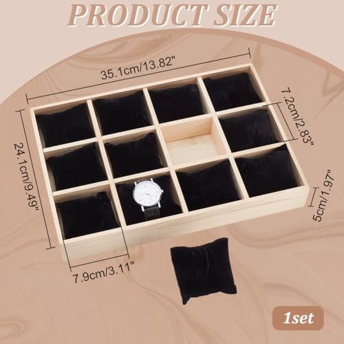 PH PandaHall 12 Slot Wooden Watch Organizer Tray Display Holder with Removable Velvet Pillows, Stackable Jewelry Bracelet Storage Tray for Drawer Showcase, Black - color: Black