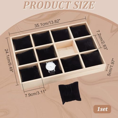 PH PandaHall 12 Slot Wooden Watch Organizer Tray Display Holder with Removable Velvet Pillows, Stackable Jewelry Bracelet Storage Tray for Drawer Showcase, Black - color: Black