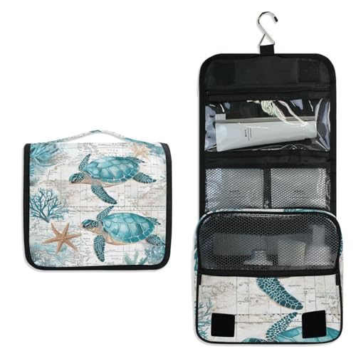 Retro Sea Turtle Nautical Map Hanging Toiletry Makeup Bag Travel Organizers Toiletries Cosmetics Bag for Men Women - color: Turtle