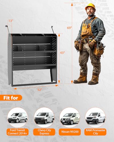 MELIPRON Steel Cargo Van Shelving Storage System Fit for NV200, Transit Connect 2014+, Chevy City Express, Promaster City with S-Shaped Hooks(52" W x 43" H x 13" D) - size: 52" W x 43" H x 13" D
