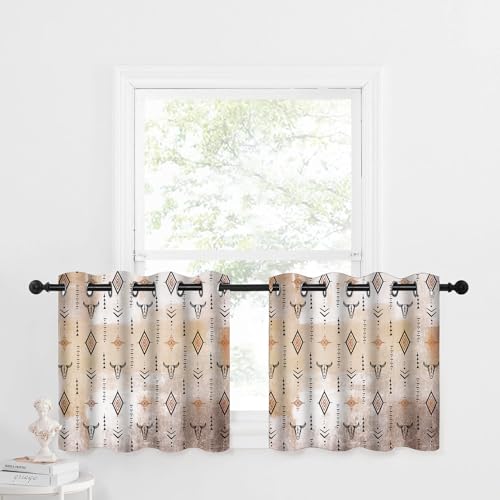 Aztec Western Blackout Small Curtains for RV Cafe, Tribal Bull Skull Boho Grommet Short Thermal Insulated Curtain Native Ethnic Rustic for Kitchen Bedroom Bathroom Privacy Drapes 2 Panels, 24x26in - color: Orange Black, size: 24"W x 26"L (Pack of 2)