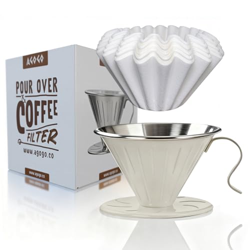 AGOGO V60 Coffee Dripper - Unbreakable 304 Stainless Steel Pour Over Cone for Travel & Camping, Includes 50 Paper Filters & Barista Towel - Cream White - color: A03-Cream, size: Dripper Only (No Server)
