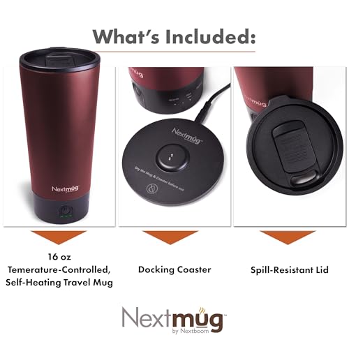 Nextmug Go - Temperature-Controlled, Self-Heating Travel Mug (Burgundy - 16 oz.) - color: Burgundy