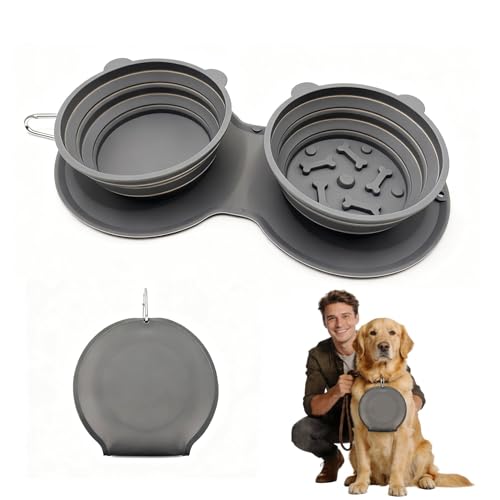 2-in-1 Collapsible Dog Bowl for Travel, Portable Dog Water Bowl with Carabiner Clip, Foldable Silicone Food Dish for Pets Outdoor Hiking Camping Walks (Gray) - color: Gray