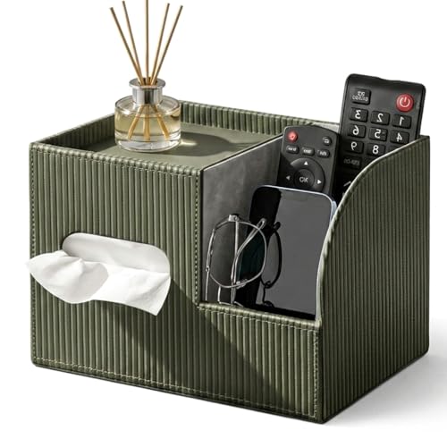 Modern PU Leather Cube Tissue Box Cover with Storage Tray, Multifunctional Remote Control Holder & Facial Tissue Dispenser Organizer for Nightstand, Bathroom, Bedroom, Office & Home Decor - color: Green