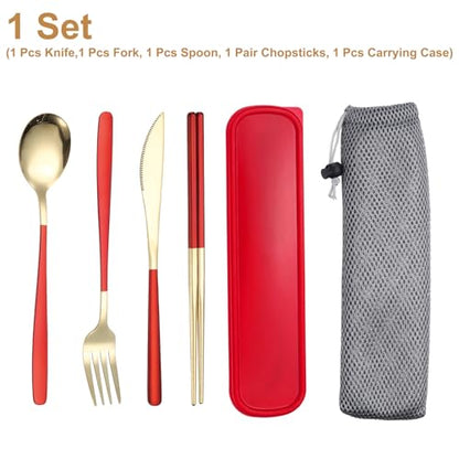uxcell Travel Utensils with Case, Stainless Steel Portable Silverware, Red/Gold - color: Red/Gold